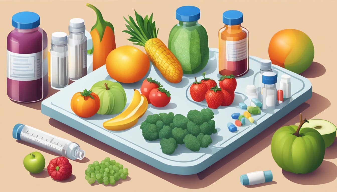 A table with colorful fruits, vegetables, and vitamin bottles arranged next to weight loss injection vials