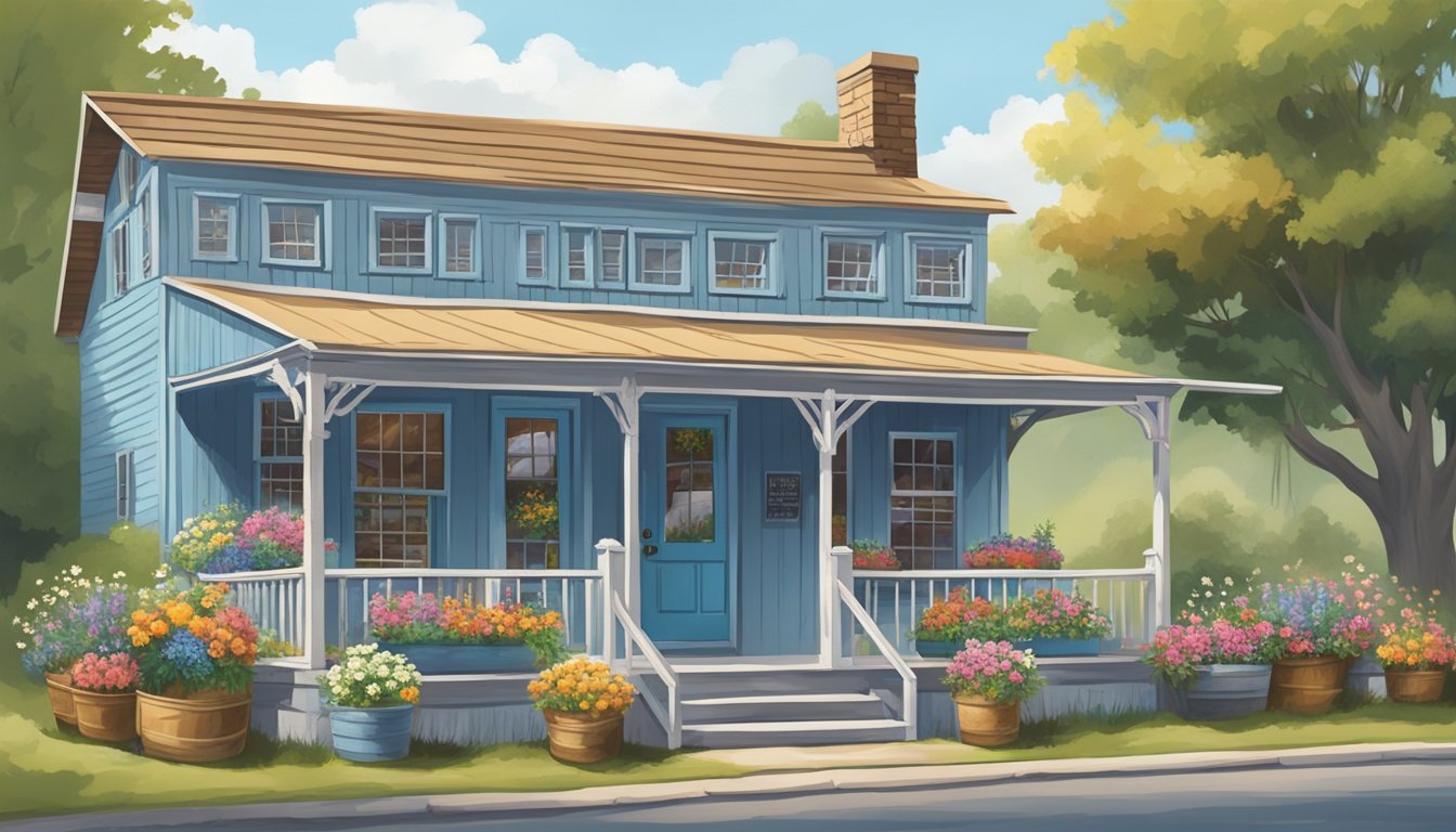 A quaint country store nestled among rolling hills, with a rustic blue exterior and a welcoming front porch adorned with vintage signage and colorful flower baskets