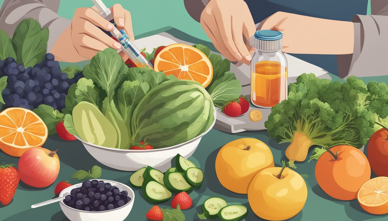 A person preparing a healthy meal while holding a syringe and a bottle of vitamins, surrounded by fresh fruits and vegetables