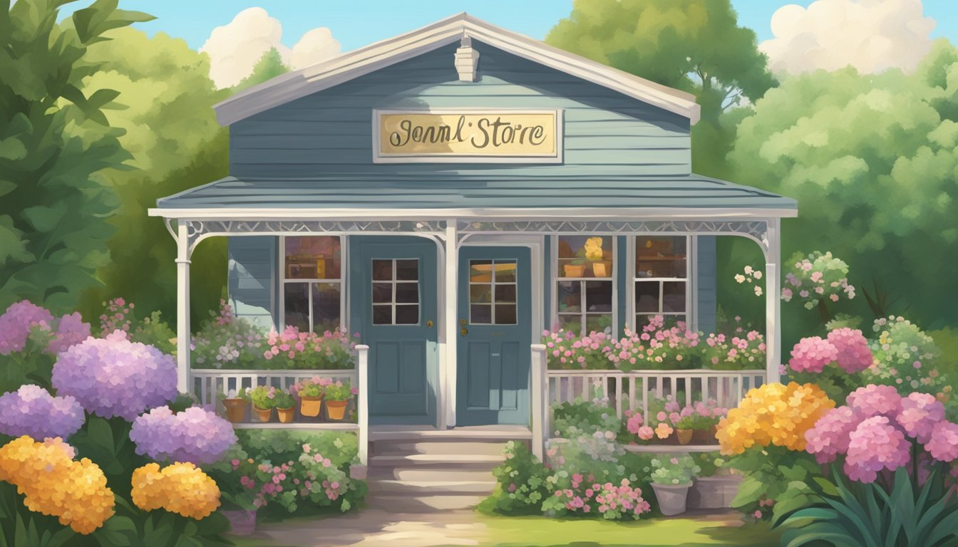 A quaint country store with a vintage sign, surrounded by lush greenery and blooming flowers, evoking a sense of nostalgia