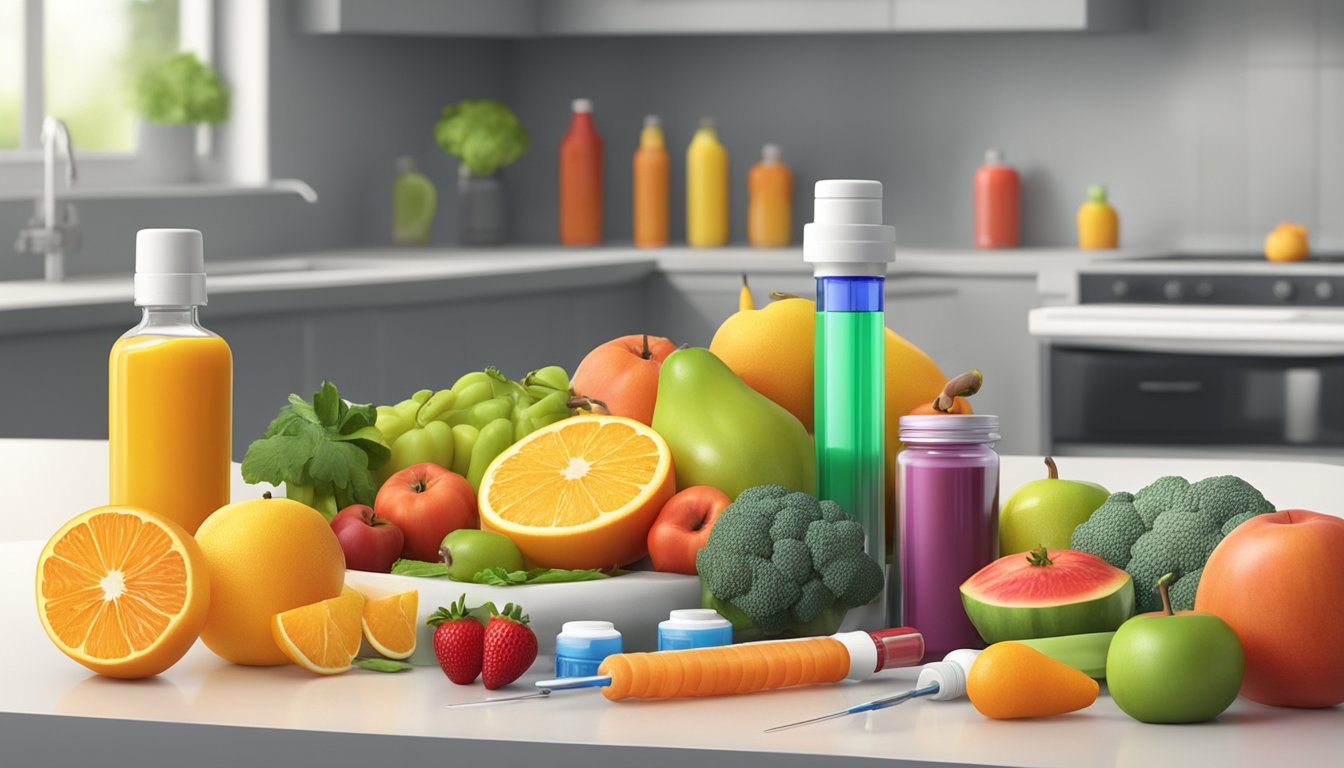 A kitchen counter with a variety of colorful fruits, vegetables, and vitamin bottles, alongside a syringe and weight loss injection kit