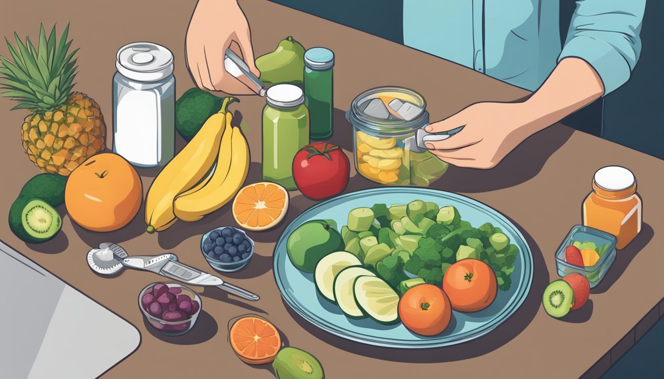 A person carefully measuring and preparing a balanced meal while holding a bottle of weight loss injections. A variety of fruits, vegetables, and supplements are laid out on the counter