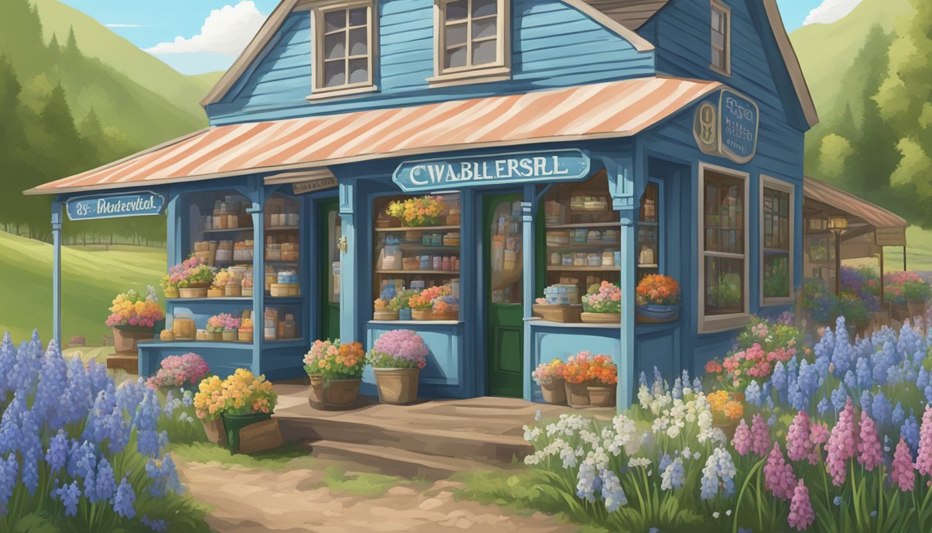 A quaint country store with vintage signage, overflowing with merchandise and souvenirs, surrounded by rolling hills and blooming bluebells