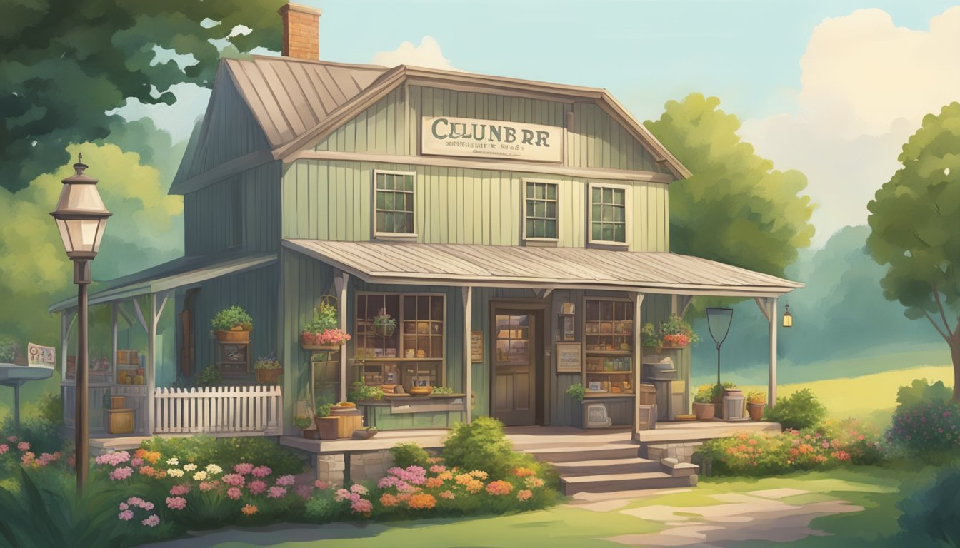 A quaint, vintage country store with a charming exterior, surrounded by lush greenery and a welcoming atmosphere