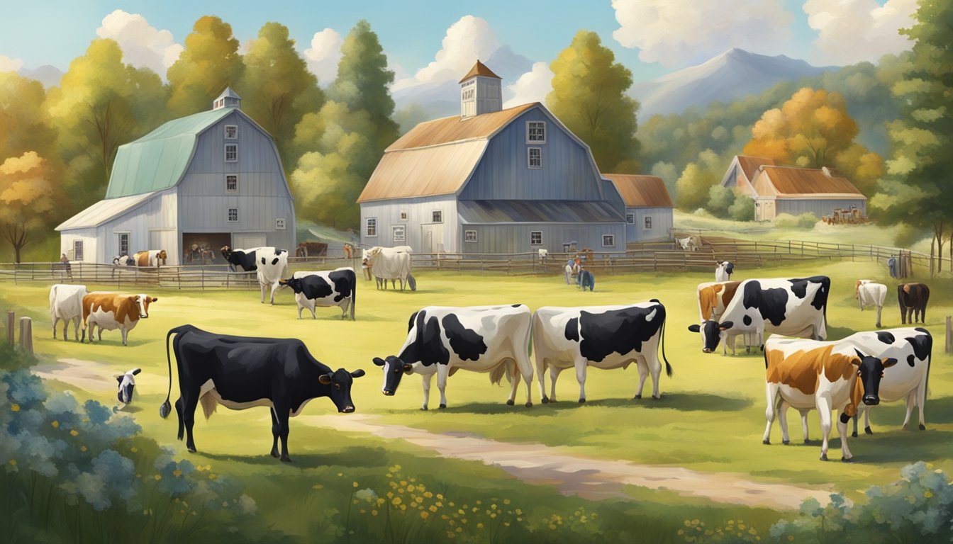 A pastoral dairy farm with grazing cows, a quaint creamery, and workers churning butter into creamy ice cream