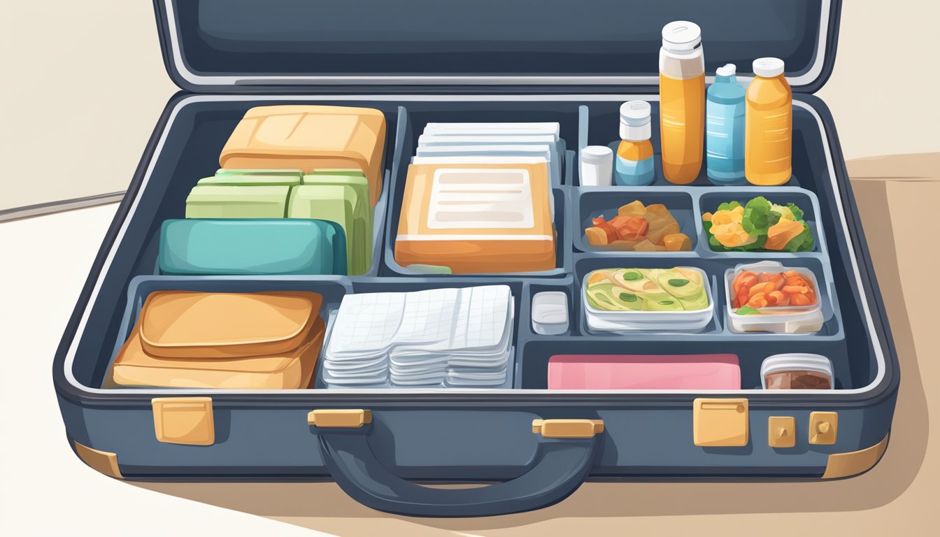 A suitcase open on a hotel room table, with neatly organized compartments storing weight loss injection medications, a travel schedule, and a healthy meal plan