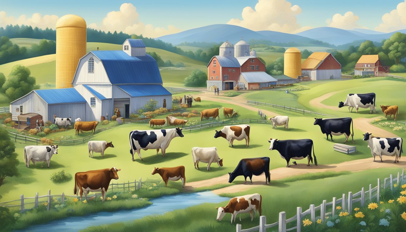 A pastoral landscape with a quaint dairy farm, where workers churn butter and tend to cows, juxtaposed with a bustling ice cream factory symbolizing the expansion and innovation of Blue Bell