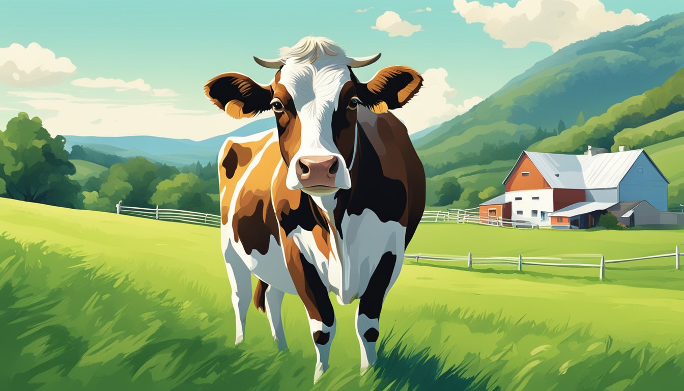 A cow grazing in a lush green pasture, with a quaint dairy farm in the background and a clear blue sky overhead