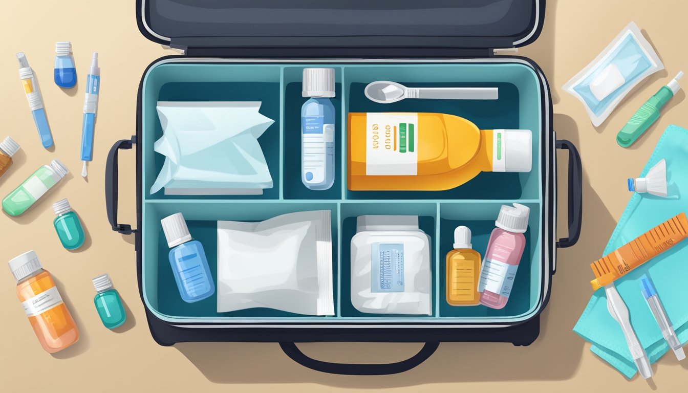 A travel bag open on a table, with vials, syringes, and alcohol wipes neatly organized for a weight loss injection routine