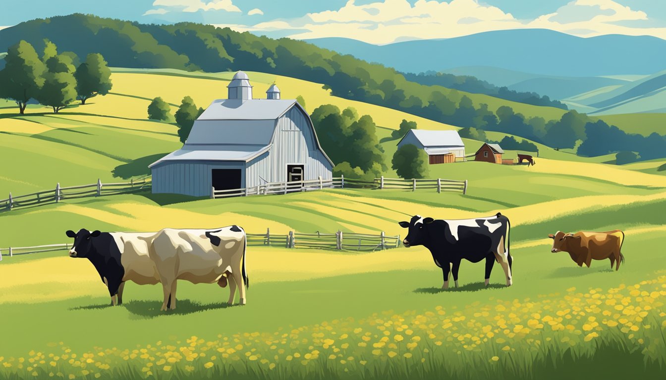 A pastoral farm with grazing cows and a quaint butter churn, surrounded by rolling hills and a clear blue sky