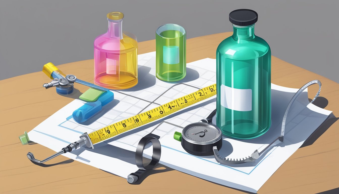 A bottle of alcohol and a syringe surrounded by a tape measure and a scale, with a question mark hovering above them