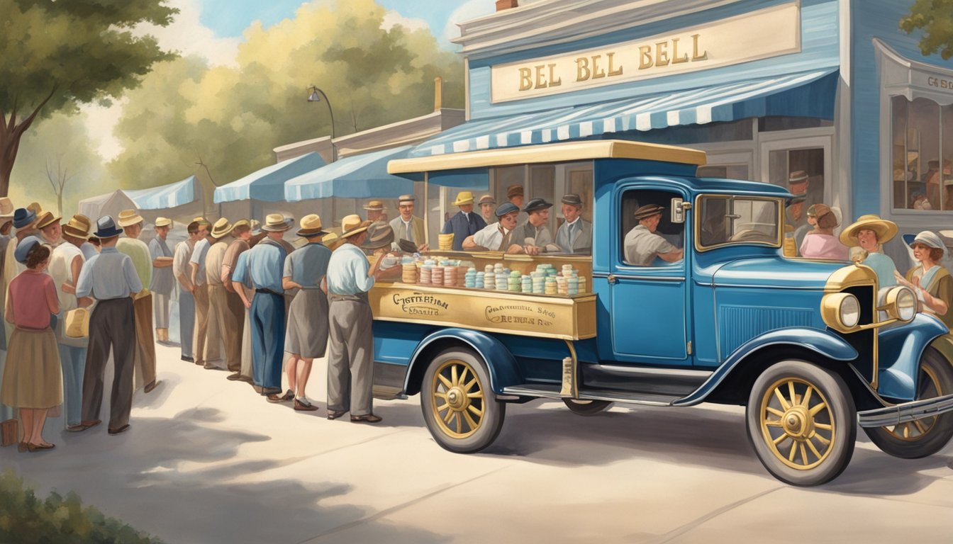 A vintage Blue Bell Creameries truck delivering ice cream during the Great Depression, with a line of people eagerly waiting to purchase the sweet treat