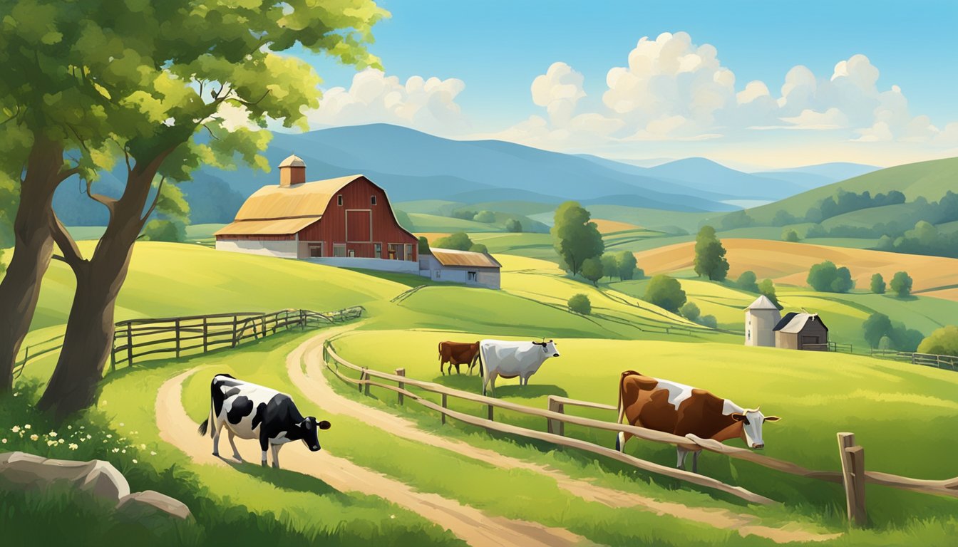 A picturesque countryside farm with a butter churn and cows grazing, surrounded by rolling hills and a clear blue sky