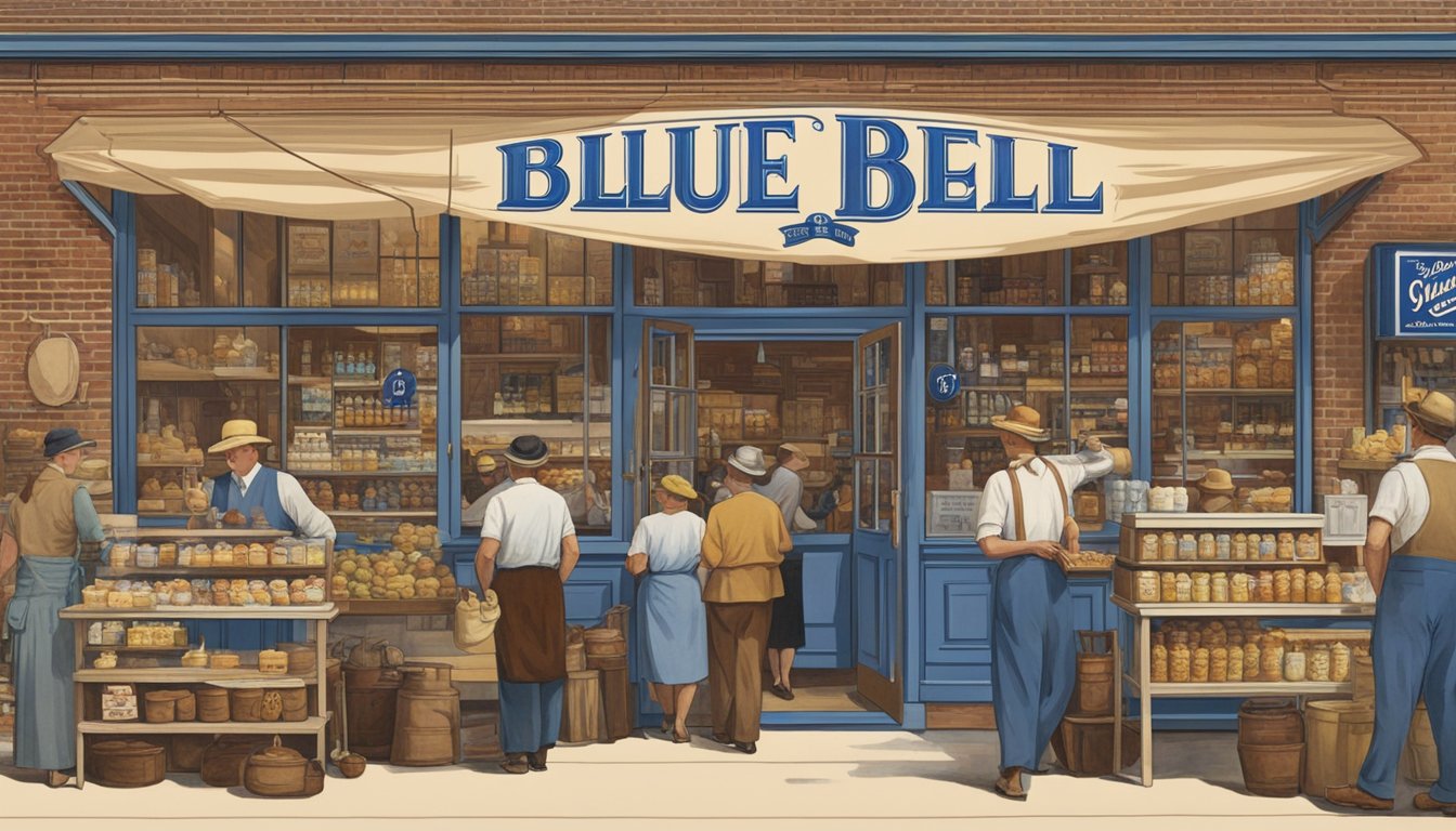 Blue Bell's logo and products displayed in a bustling 1930s market, surrounded by hopeful customers and signs of economic struggle