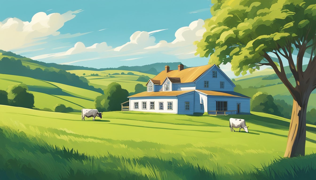 A cow grazing in a lush green pasture, surrounded by rolling hills and a bright blue sky, with a quaint farmhouse in the distance