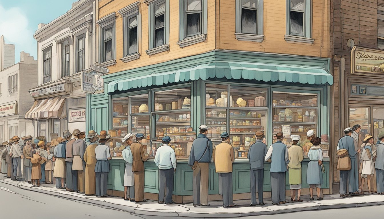 A small, resilient ice cream shop stands tall amidst a bustling city during the Great Depression, with a line of hopeful customers waiting outside