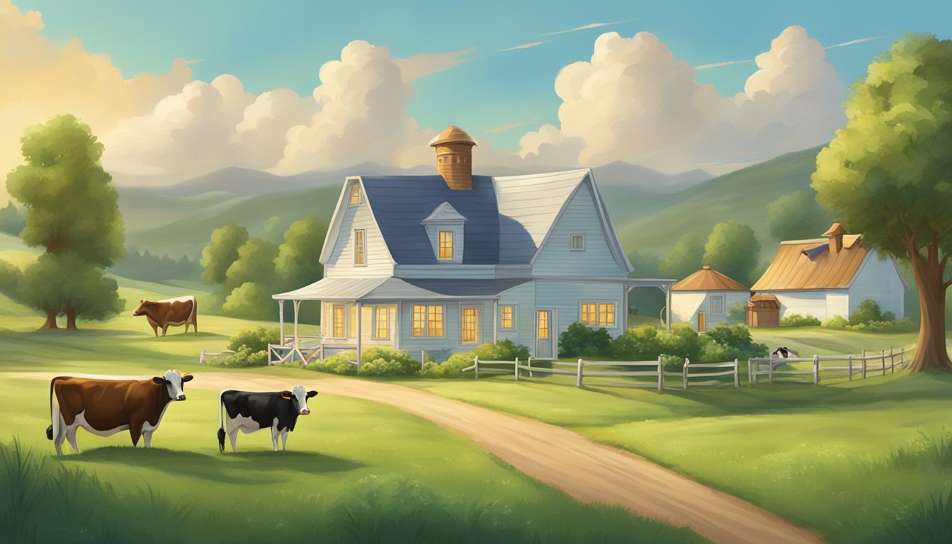 A serene countryside farmhouse with cows grazing in lush green pastures, a quaint butter churn, and a bustling ice cream parlor in the distance