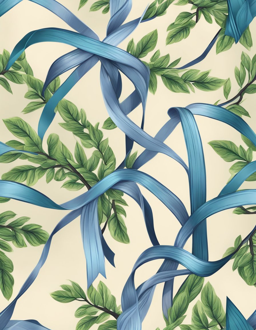 A digital illustration of blue ribbons and green vines