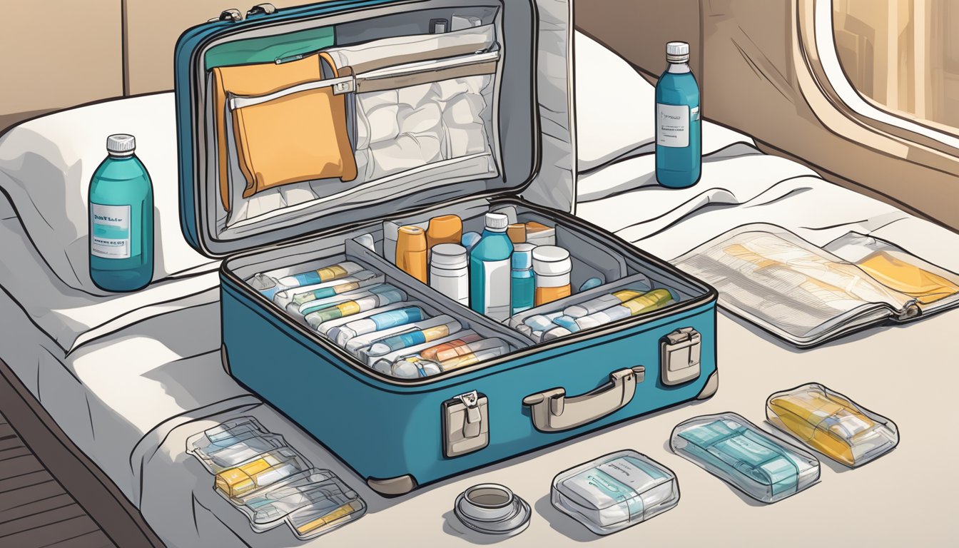 A suitcase open on a hotel bed, with a travel-sized cooler, medication vials, and syringes neatly organized inside. A map and travel guide lay nearby