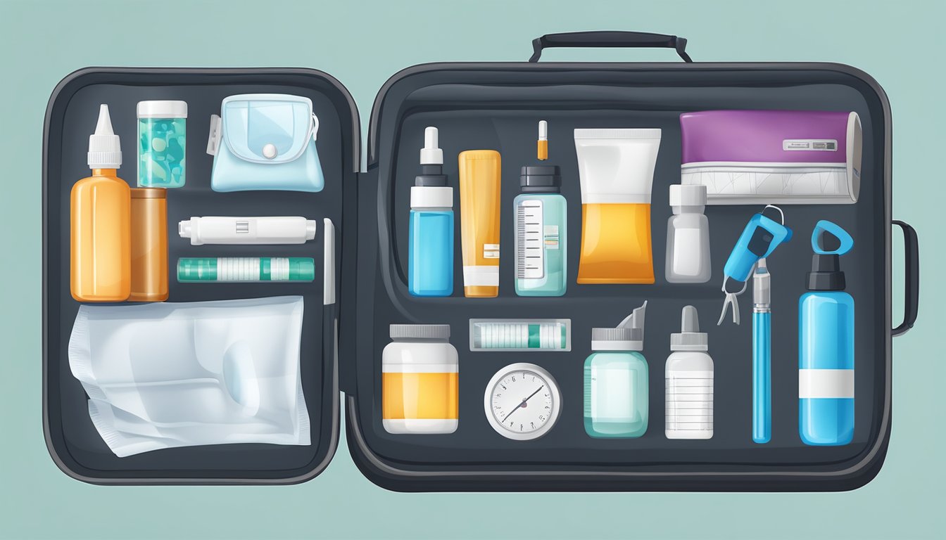 A travel bag open on a hotel room table, with organized compartments holding weight loss injection supplies and emergency medical items