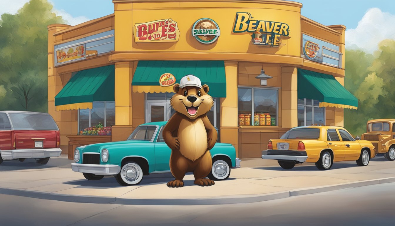 A larger-than-life beaver mascot stands proudly in front of a massive, bustling convenience store with a bright, welcoming smile. The store is adorned with iconic Buc-ee's signage and a line of gas pumps