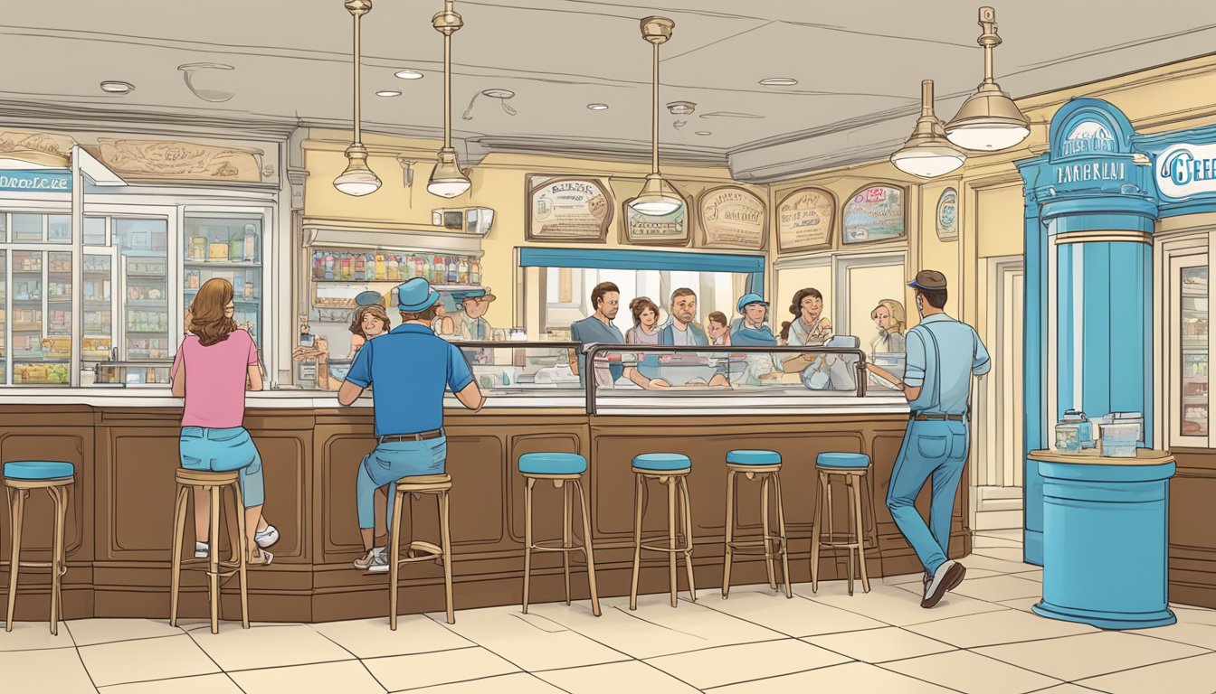 A vintage ice cream parlor with a line of customers, showcasing Blue Bell's classic flavors and a new innovative product