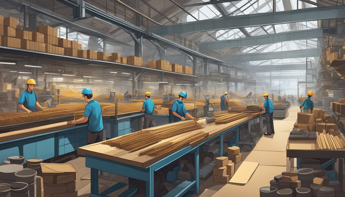 A bustling factory with workers operating machinery, surrounded by stacks of raw materials and finished products. A strong, resilient atmosphere exudes from the scene