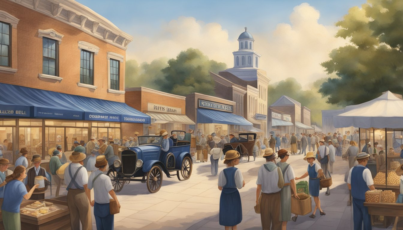 A bustling town square with Blue Bell employees engaging with the community, showcasing products, and participating in local events during the Great Depression