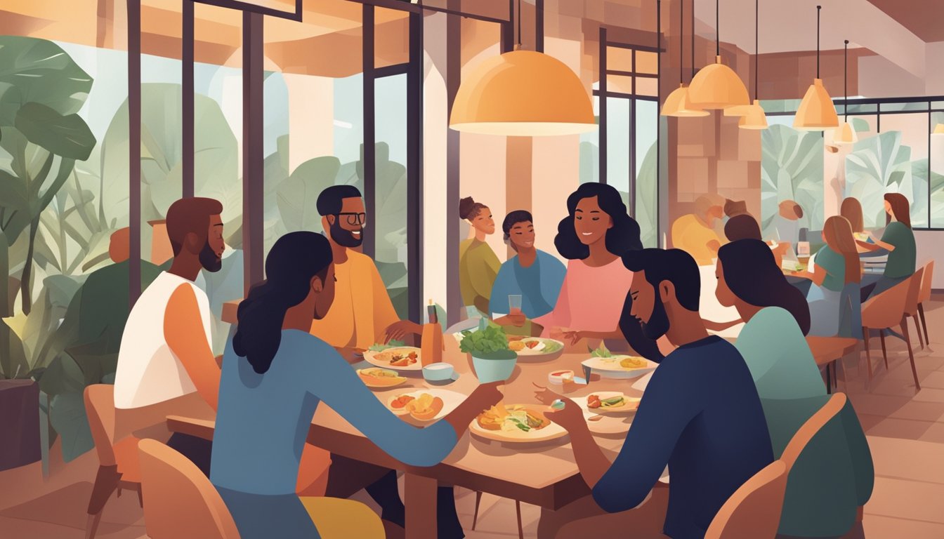 A group of friends enjoy a meal at a restaurant, carefully selecting nutritious options and engaging in lively conversation. The atmosphere is warm and inviting, with a focus on mindful eating and positive social interaction