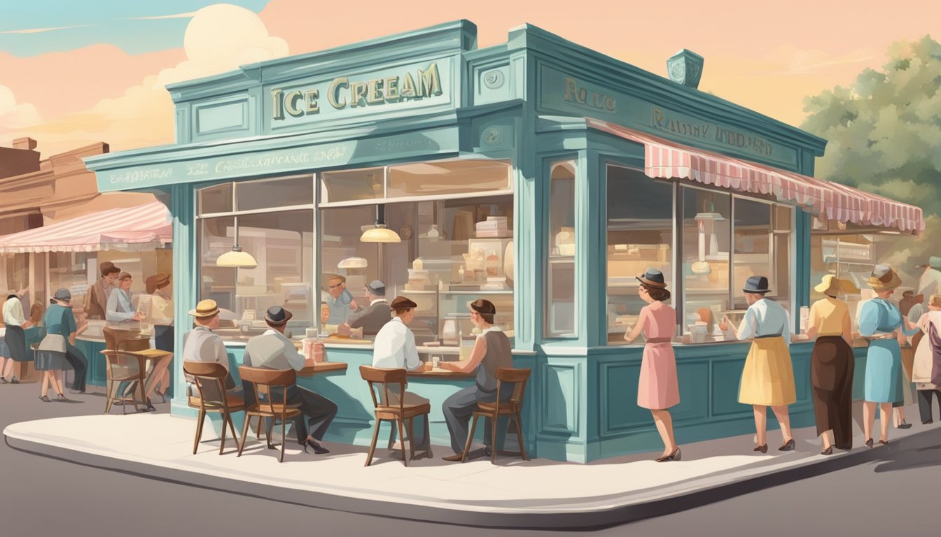 A quaint ice cream parlor with a vintage sign, bustling with customers during the Great Depression