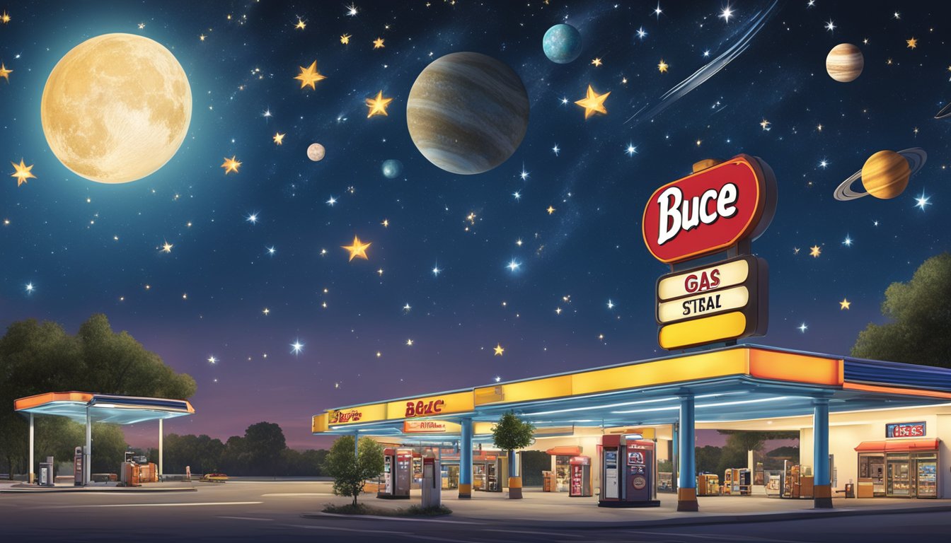 A night sky filled with stars and planets, with a large Buc-ee's gas station sign in the foreground. Zodiac symbols and horoscope imagery decorate the scene