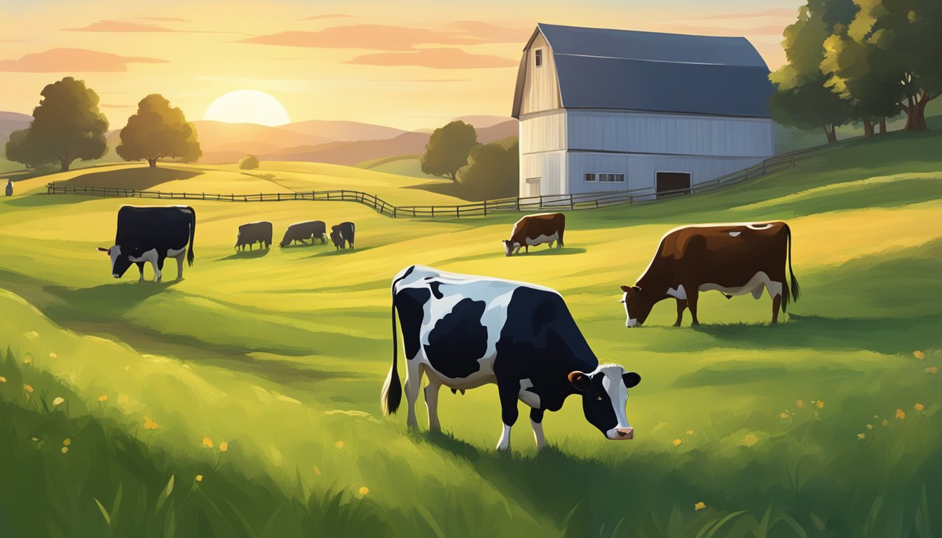 A serene dairy farm at sunset, with a rustic barn and grazing cows, surrounded by rolling hills and fields of lush green grass