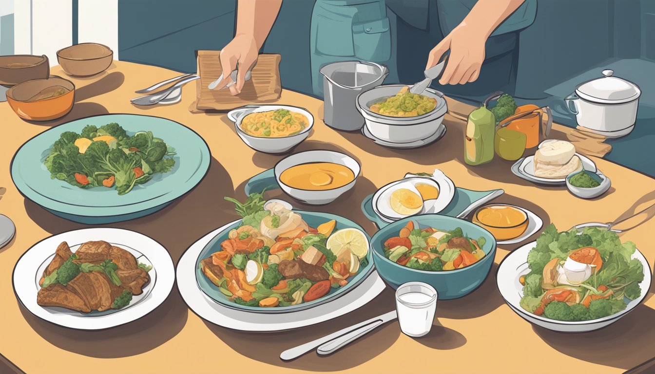 A table set with various dishes, some labeled as trigger foods, while a person carefully selects their meal with a guidebook open beside them