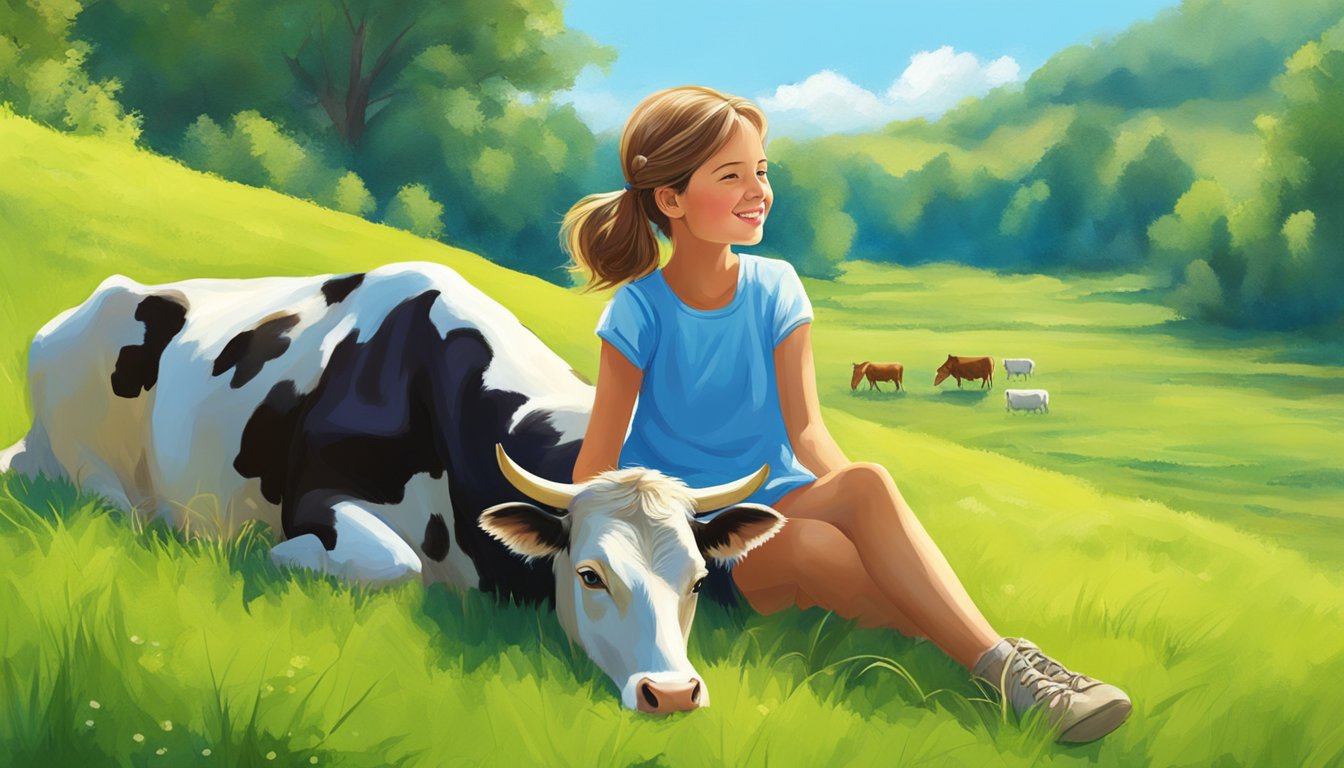 A young girl sits beside a contented cow in a lush, green meadow under a bright blue sky