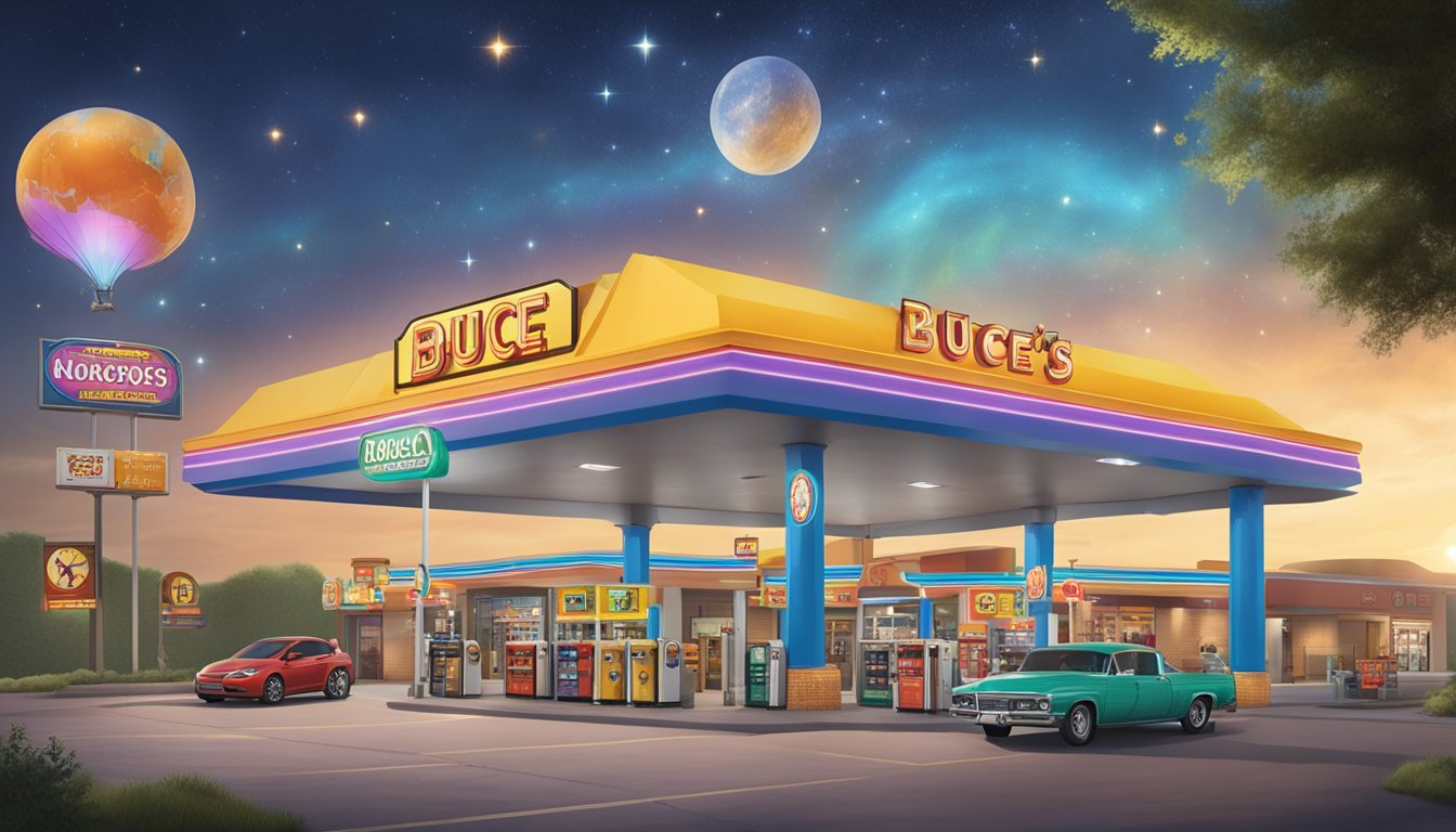 A gas station with a large sign reading "Buc-ee's Astrology: Gas Station Horoscopes" surrounded by colorful displays of zodiac symbols and astrological charts