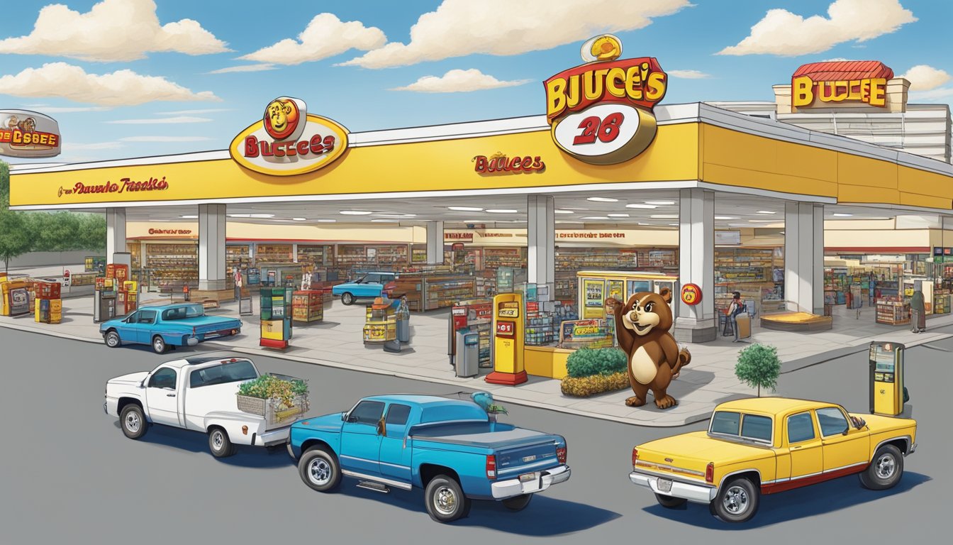 A panoramic view of a bustling Buc-ee's travel center with gas pumps, a large store, and a towering mascot beaver statue