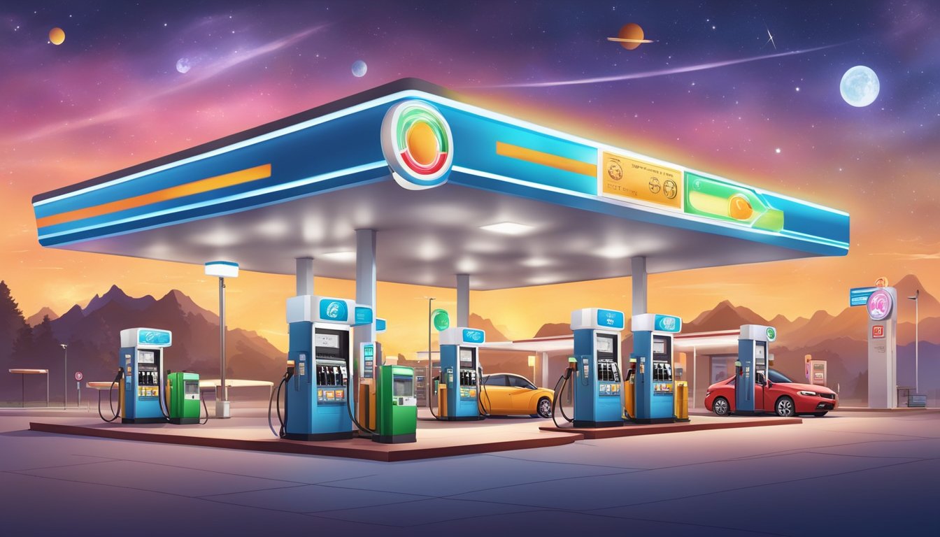 A colorful gas station with zodiac symbols and astrological charts displayed, surrounded by fuel pumps and a bustling convenience store