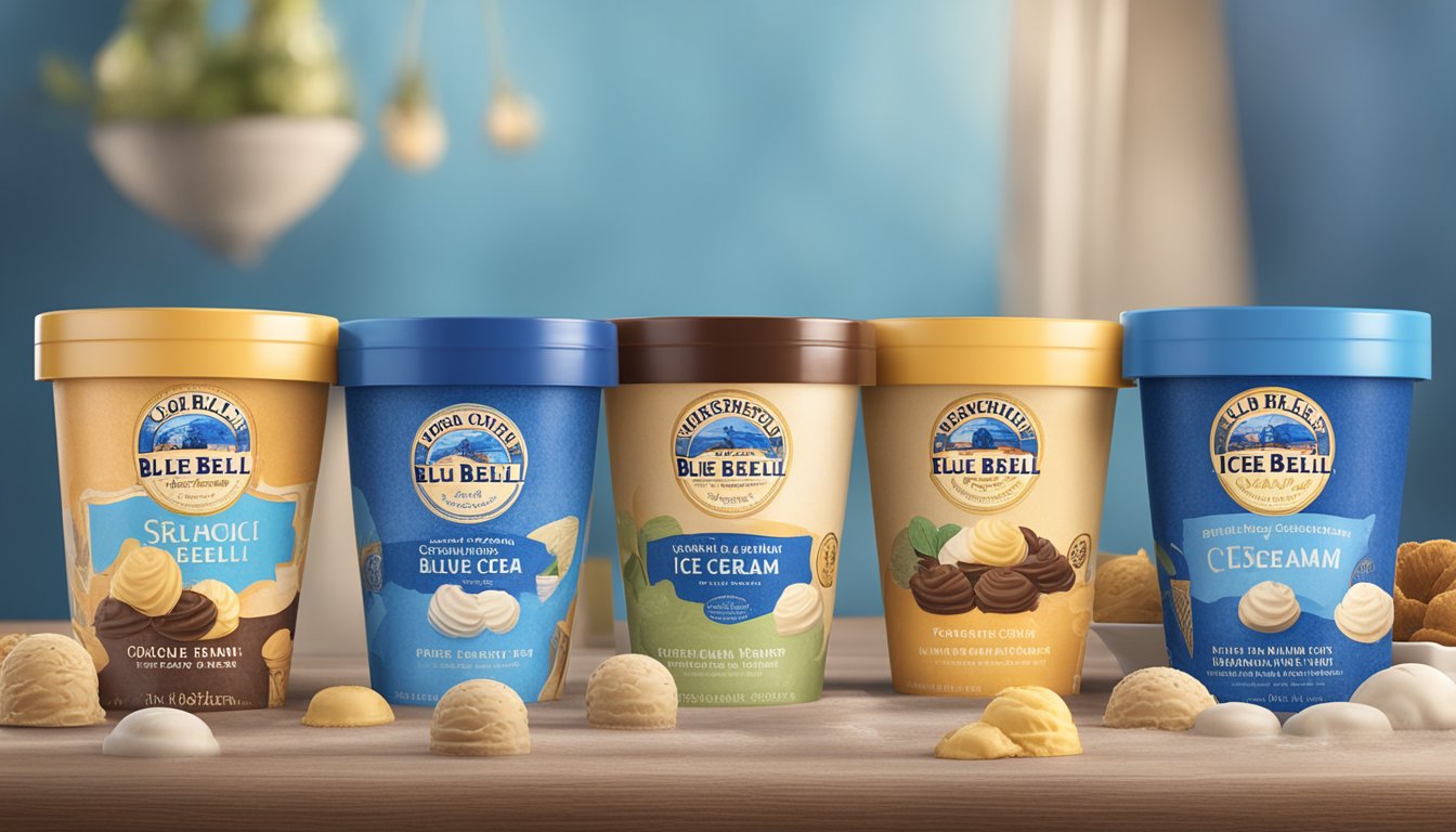 A colorful display of Blue Bell ice cream flavors with a vintage backdrop showcasing the rich history of the brand