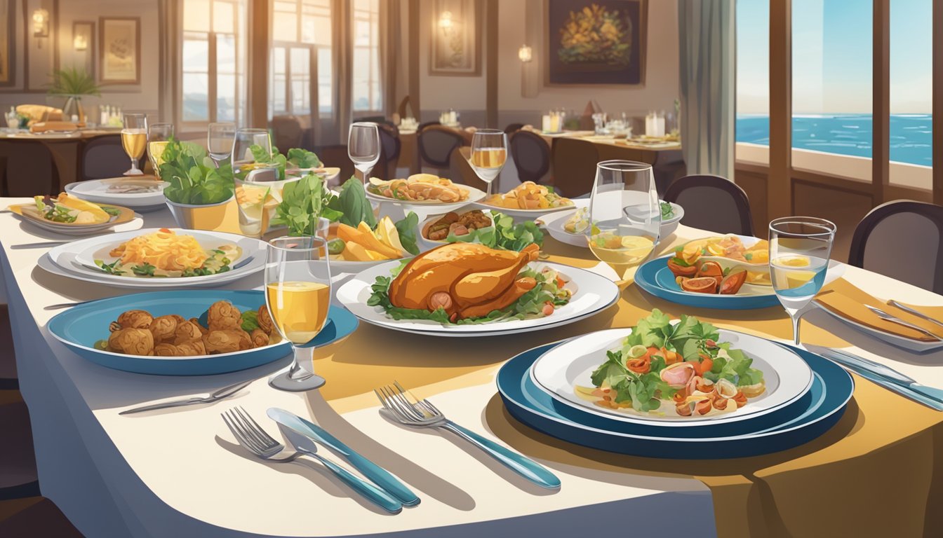 A table set for a meal at a restaurant, with a menu, water glasses, and a plate of food, surrounded by friends and family