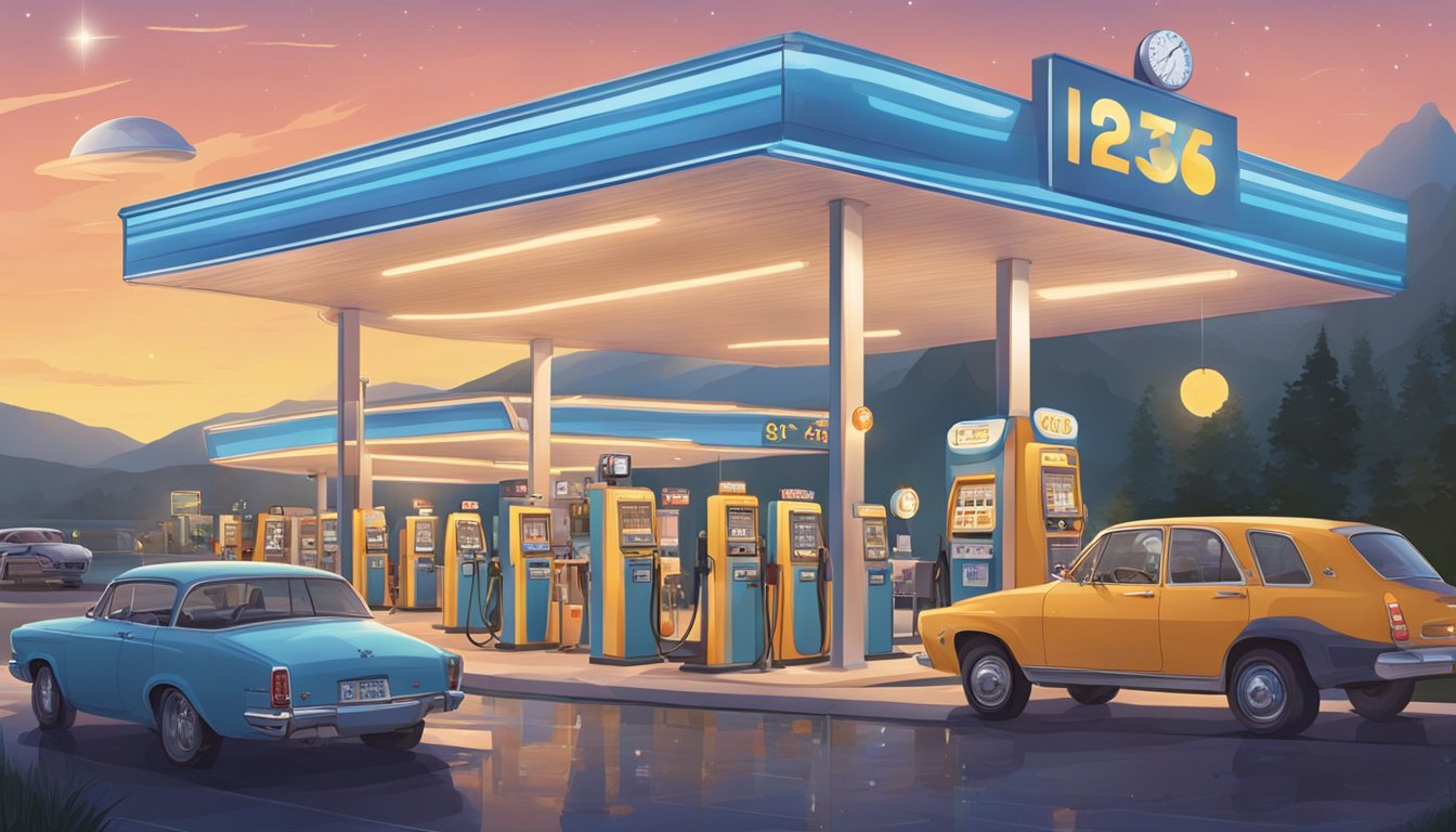 A bustling gas station with a large astrology-themed display featuring horoscope readings and zodiac symbols. Customers fill up their cars while checking their horoscopes for convenience