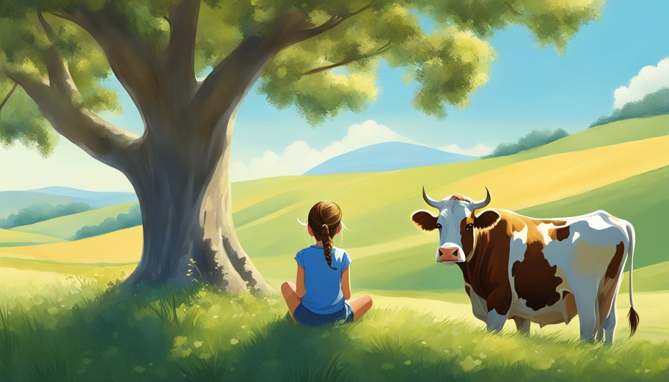 A little girl sitting under a large tree with her cow, surrounded by rolling hills and a clear blue sky