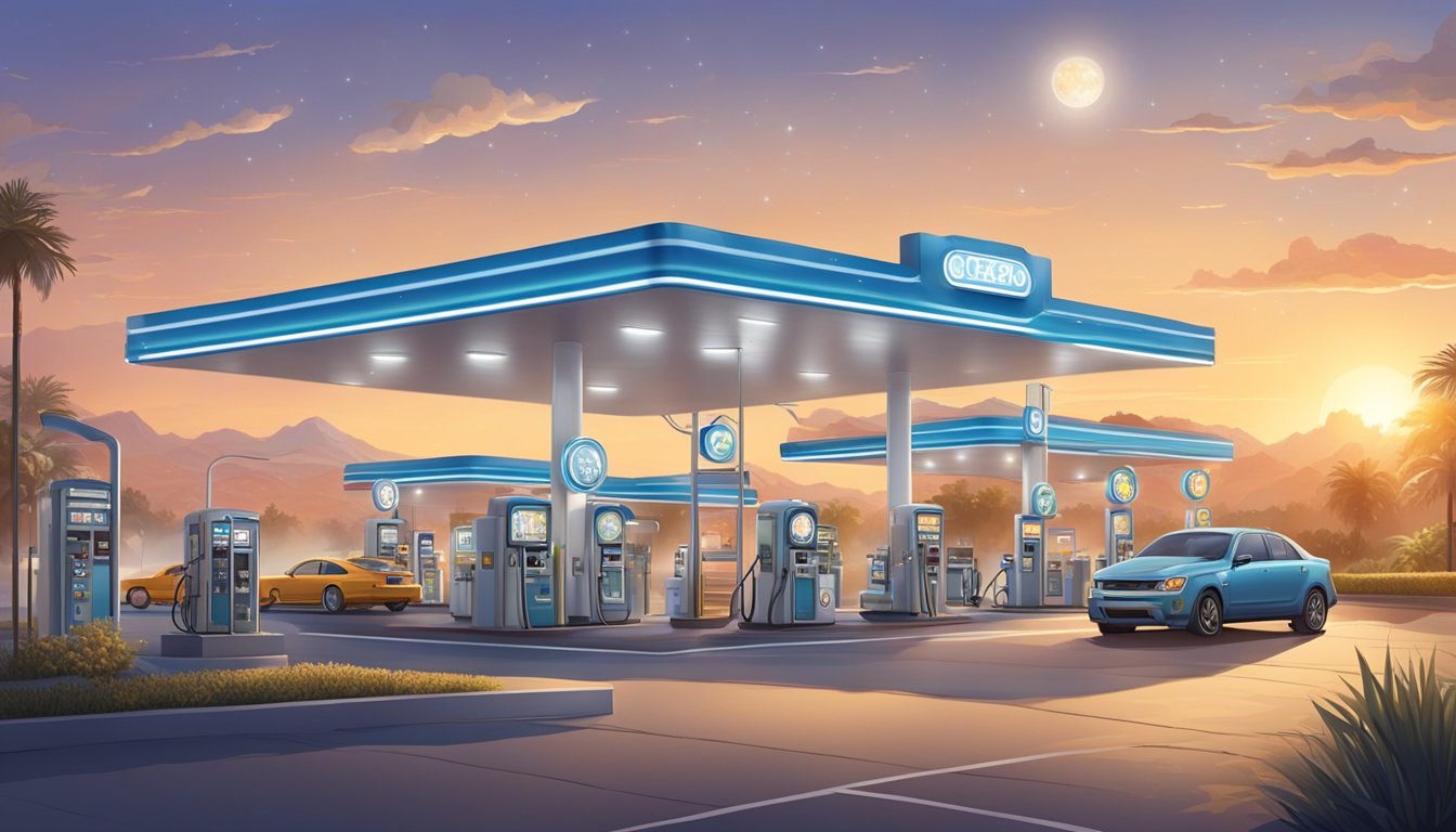 A bustling gas station with a prominent astrology-themed display featuring zodiac symbols and horoscope predictions. Bright lighting and clean surroundings convey a sense of meticulous cleanliness