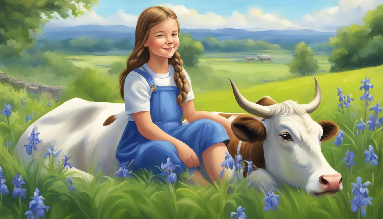 A young girl sits beside a contented cow in a lush green pasture, with a serene bluebell flower in the foreground