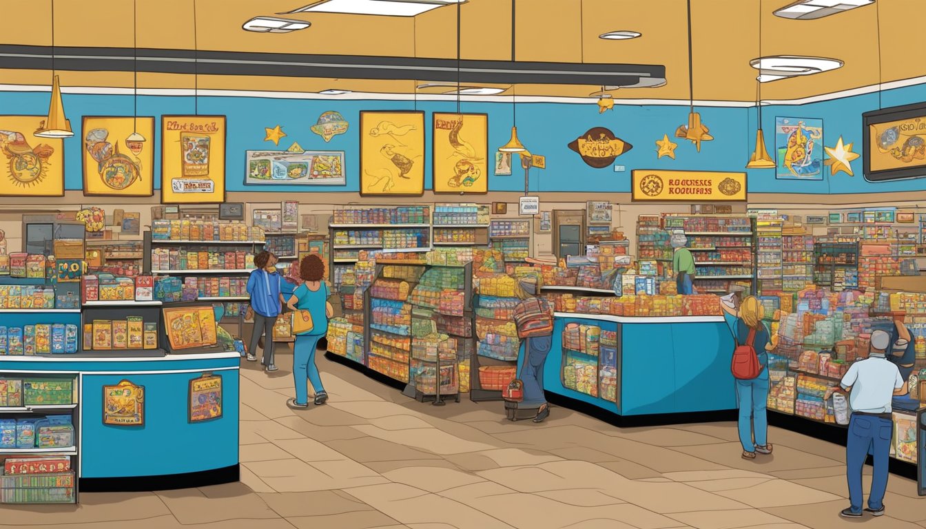 Customers browse zodiac-themed merchandise at Buc-ee's gas station. A display features astrology books, candles, and horoscope-themed snacks. A large sign advertises "Gas Station Horoscopes" near the checkout counter