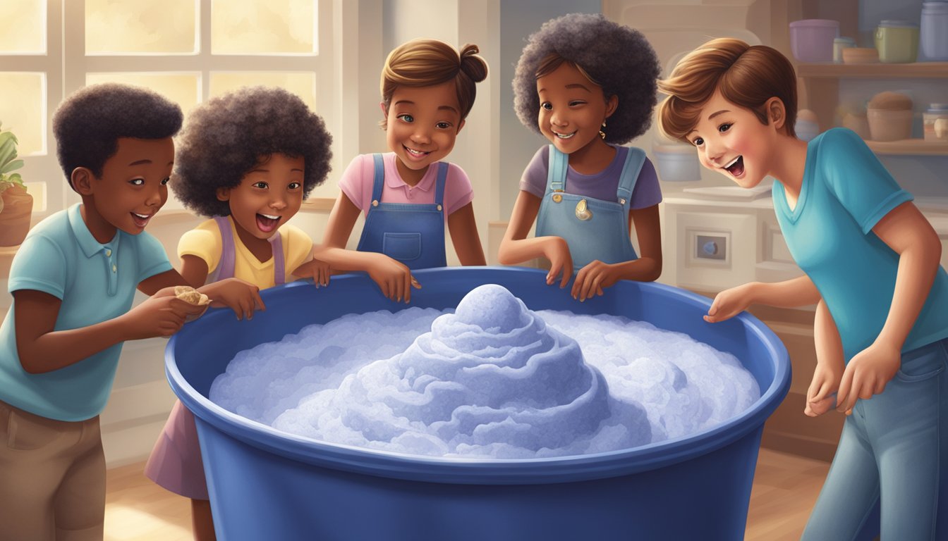 A group of ice cream lovers gather around a large tub of Blue Bell ice cream, scooping out creamy, smooth textures with delight