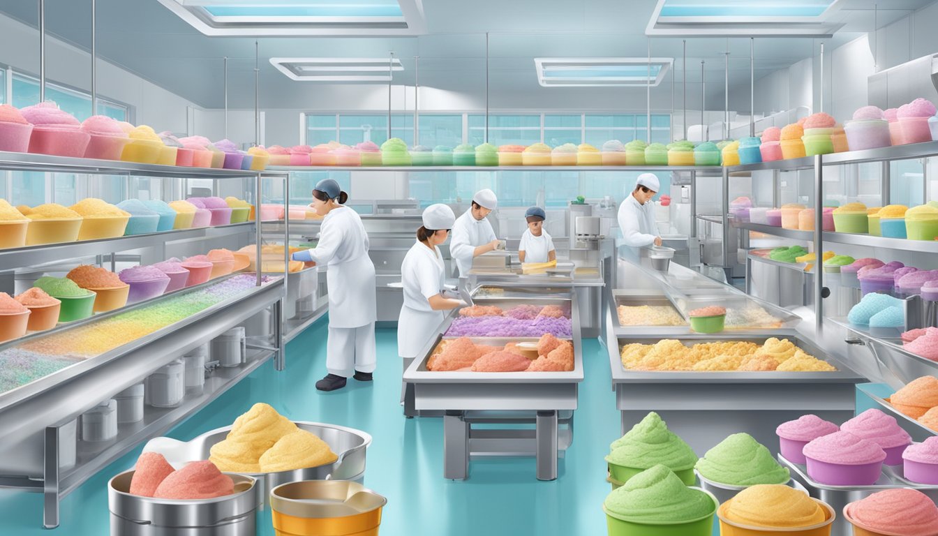 A bustling ice cream factory with workers testing various flavors in a laboratory setting, surrounded by colorful tubs and equipment