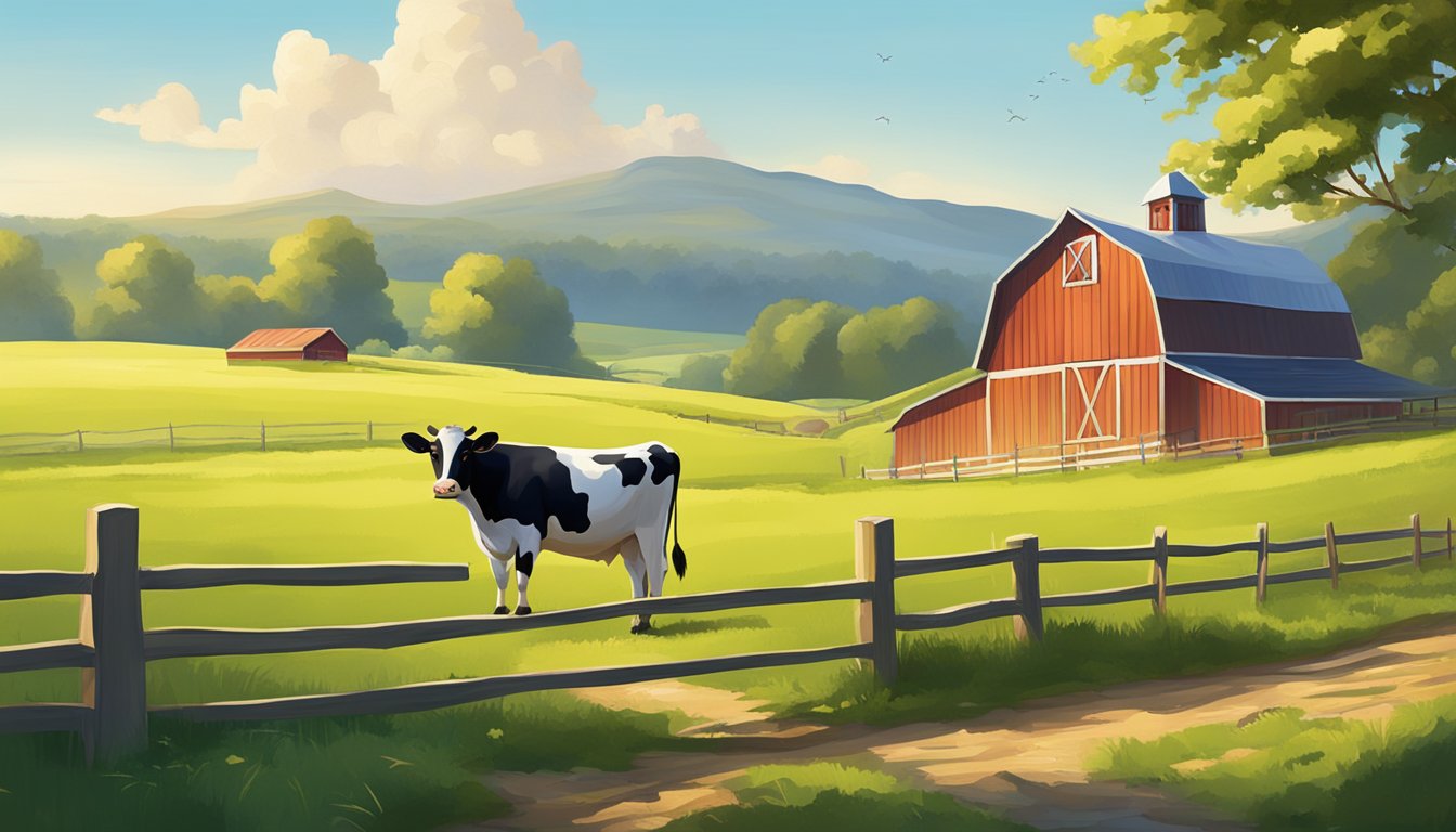 A serene farm scene with a charming cow and a quaint barn, surrounded by lush green fields and a clear blue sky