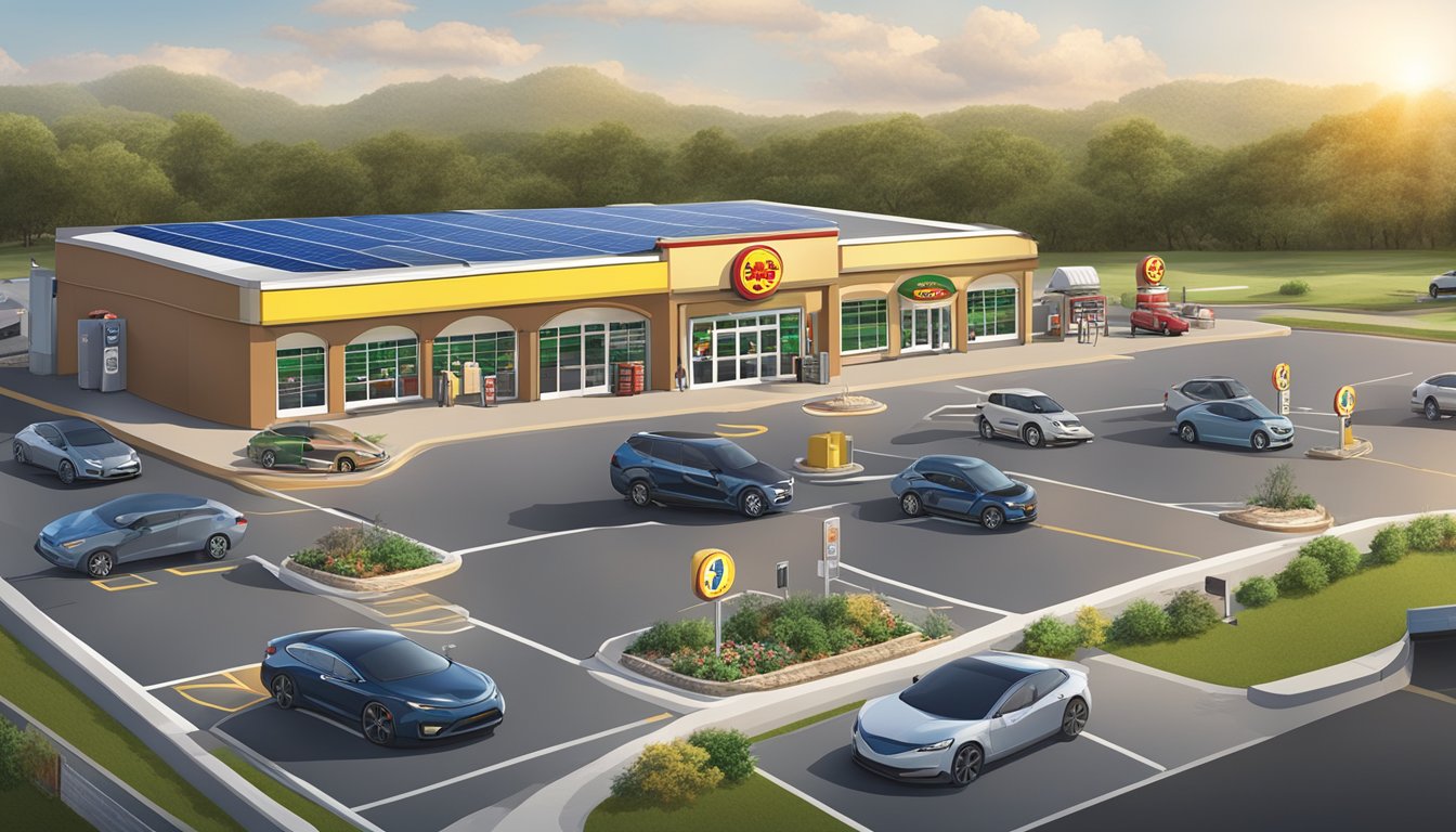 A bustling Buc-ee's gas station and convenience store surrounded by solar panels and recycling bins, with electric car charging stations in the parking lot