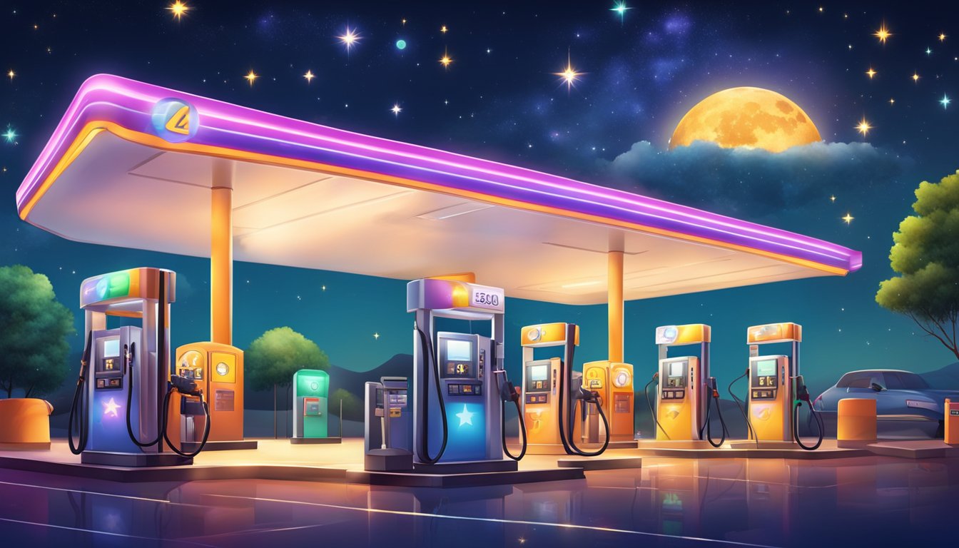 A colorful gas station with zodiac symbols and starry sky theme. Bright lights and fuel pumps in the background