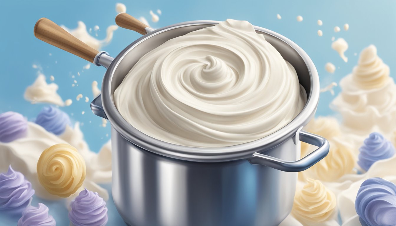 A stainless steel churn whirring with fresh, rich cream swirling and thickening into Blue Bell's signature creamy texture